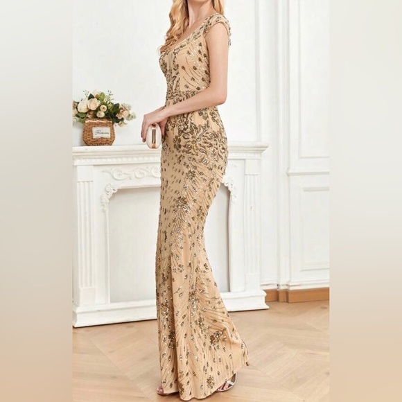 Luxe V neck sequin formal evening party dress - Picture 6 of 9